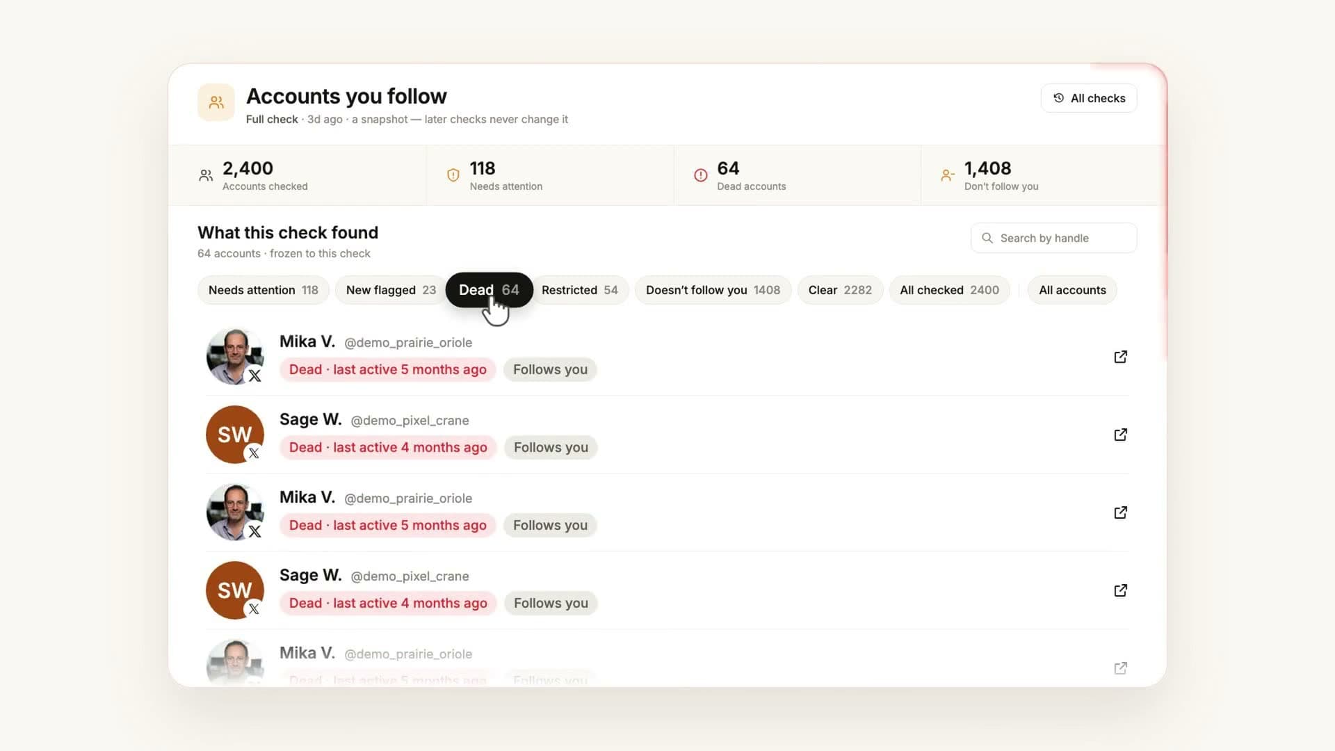 A 75-second narrated walkthrough of a real cleanup report — the accounts checked, the dead and restricted follows, and the named unfollow list