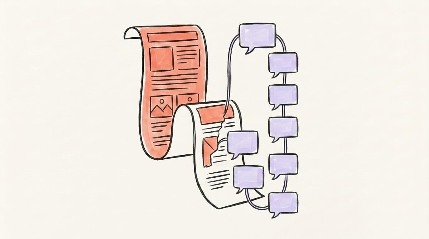 A hand-drawn illustration of a long article scroll breaking apart into a chain of linked tweet cards, forming an X thread