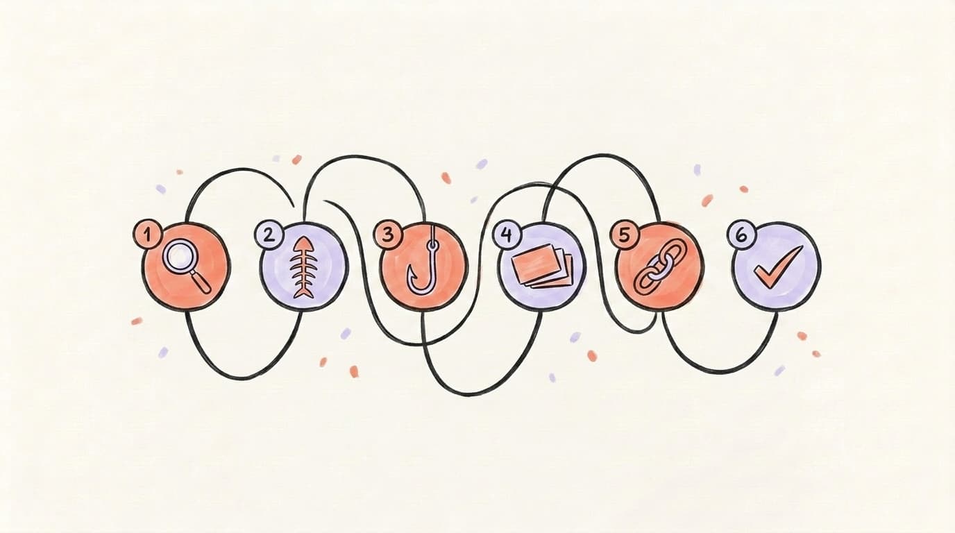 A hand-drawn six-step workflow path with icons for finding the spine, writing a hook, mapping points to tweet cards, and a final checkmark