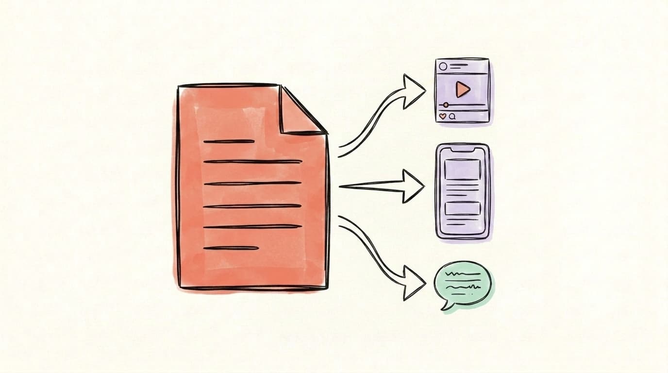 Hand-drawn illustration of a single document fanning out into smaller social posts on different platforms