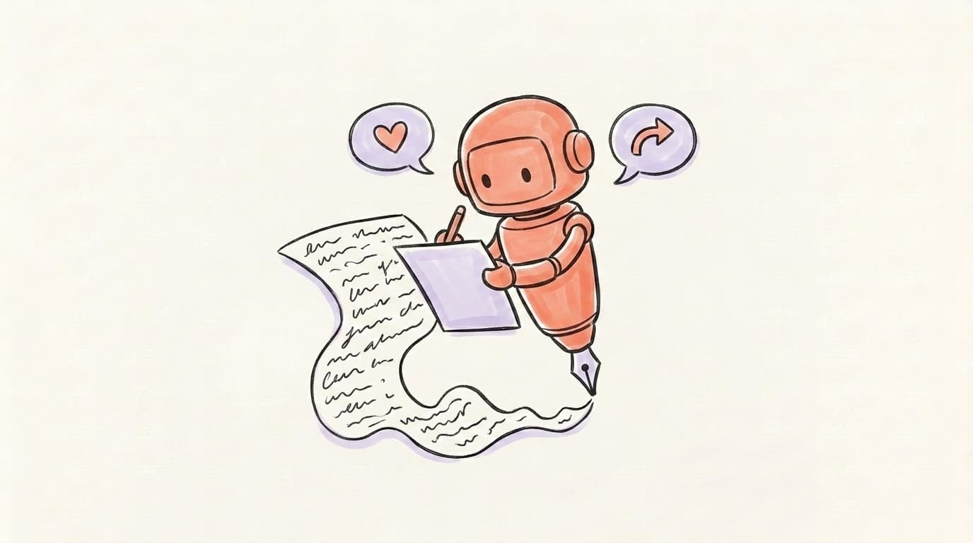 Hand-drawn illustration of a robot-pen writing a blog post with social media speech bubbles floating around it