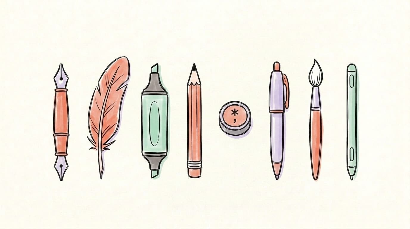 Hand-drawn illustration of a row of writing tools — pens, brushes, typewriters