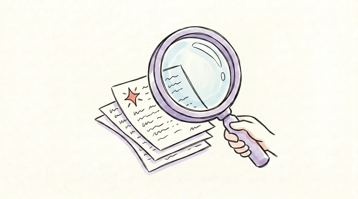 Hand-drawn illustration of a magnifying glass examining a stack of paper, with one page glowing differently