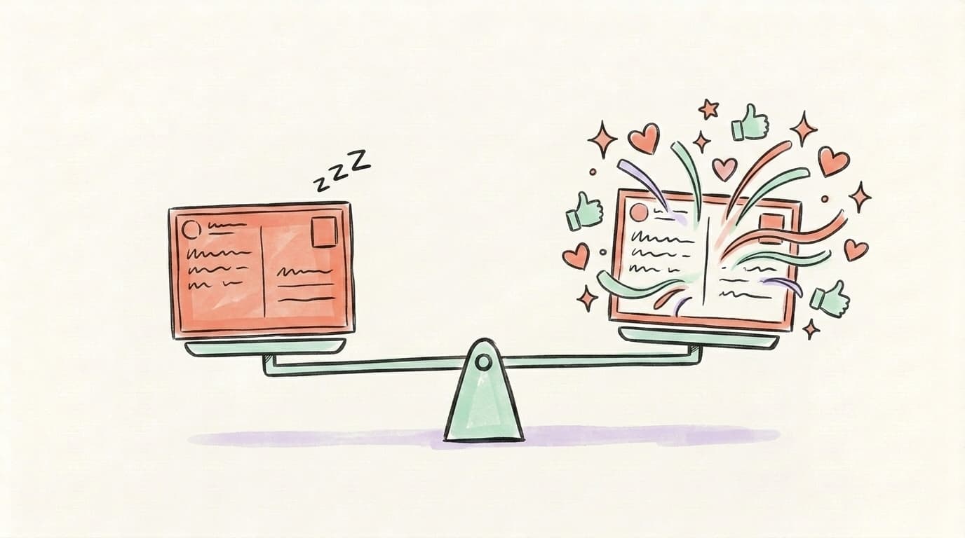 A scale comparing a sleepy generic post to a vibrant engaging post with hearts