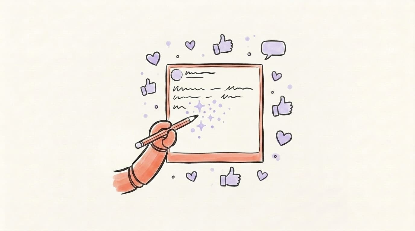 Hand-drawn illustration of an AI pencil writing a Facebook post surrounded by likes, hearts, and comments