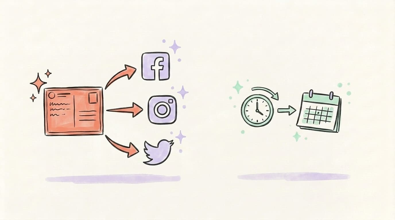 A single post branching out to Facebook, Instagram, and X, with a scheduling clock