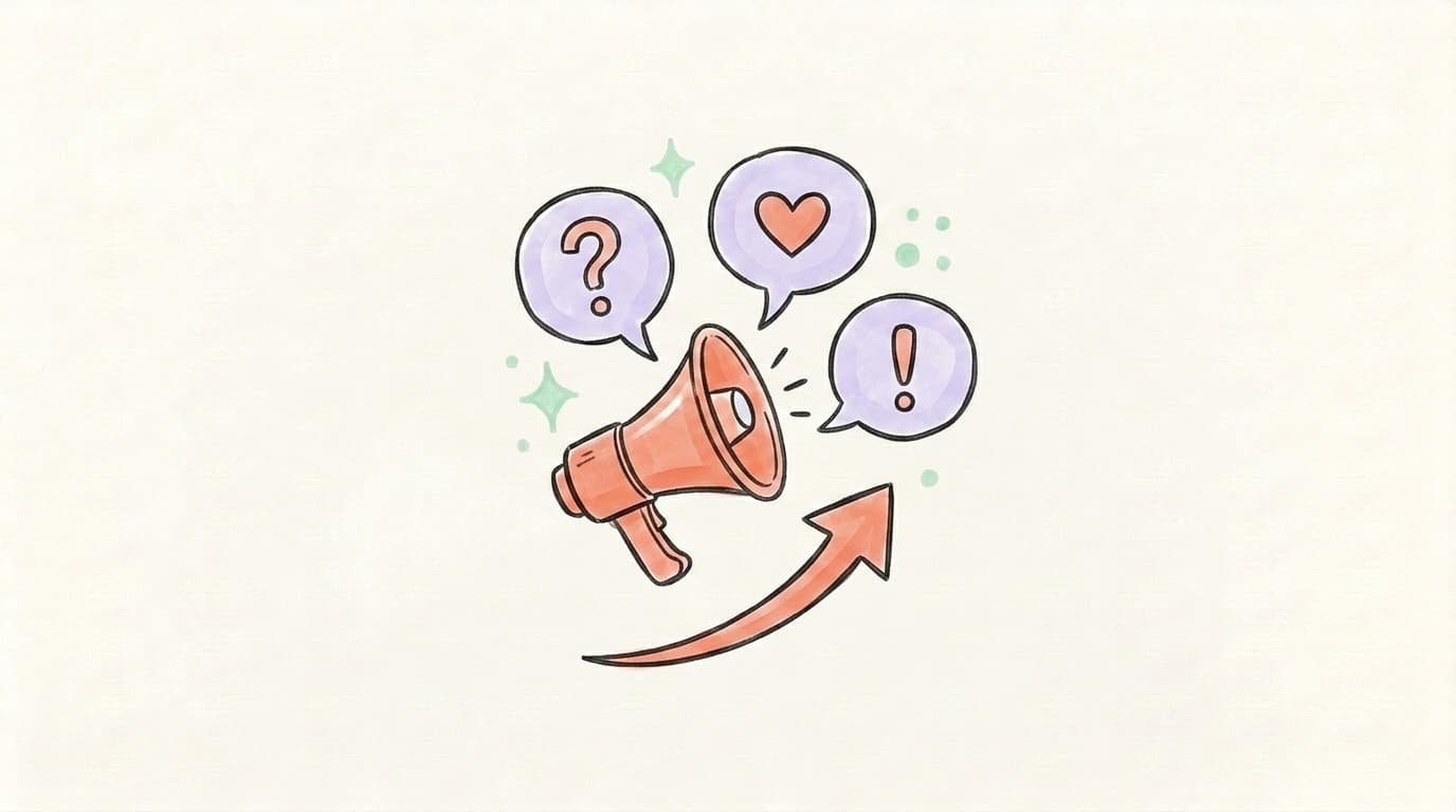 A megaphone with speech bubbles and a rising arrow showing growing reach