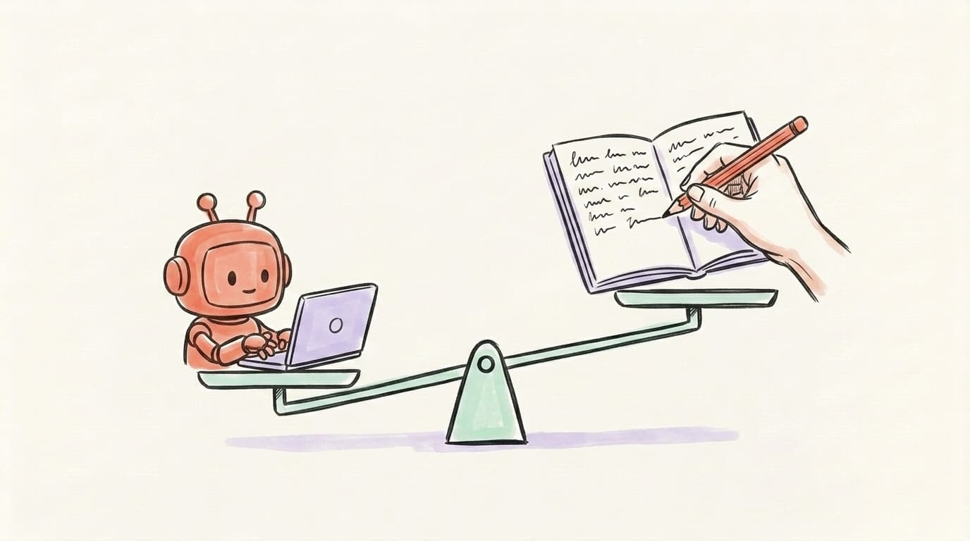 Hand-drawn illustration of a robot on a laptop and a human hand writing in a notebook balanced on a scale, representing AI vs human Instagram captions