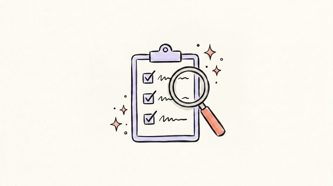 Hand-drawn illustration of a clipboard checklist with a magnifying glass, representing how to evaluate and choose an AI Instagram caption generator