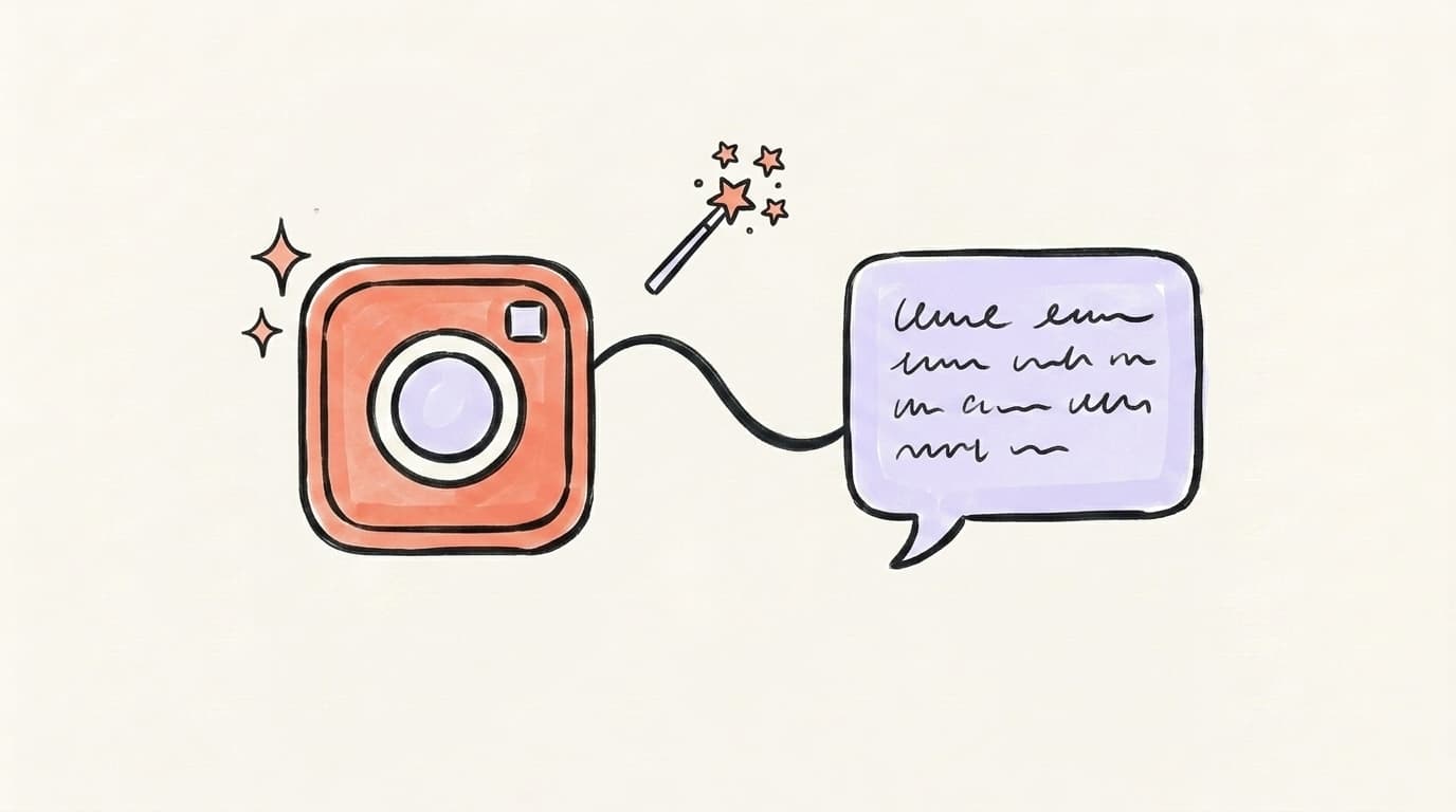 Hand-drawn illustration of an Instagram camera connected to a speech bubble with squiggle lines, representing an AI Instagram post generator