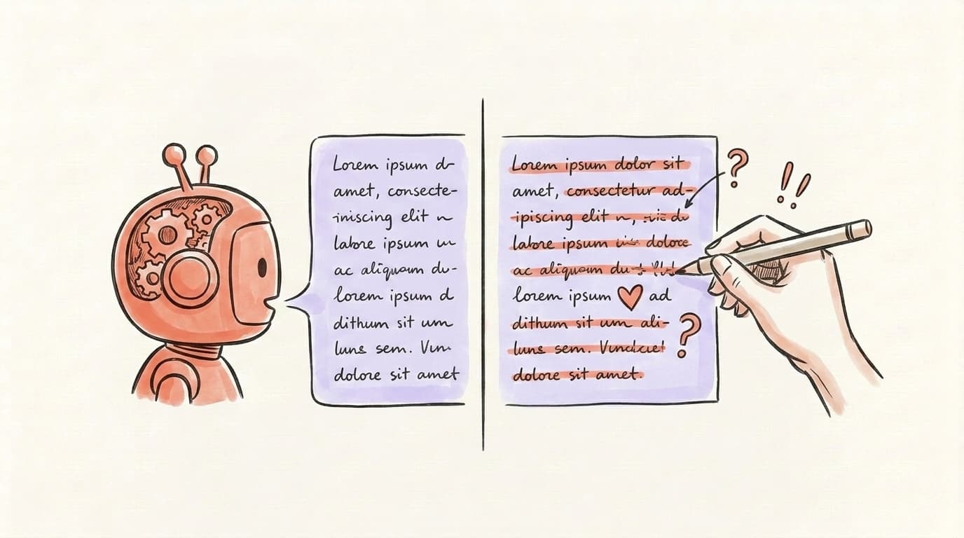 Robot producing polished AI text while a human hand edits it with a brush-pen, adding a heart and question mark