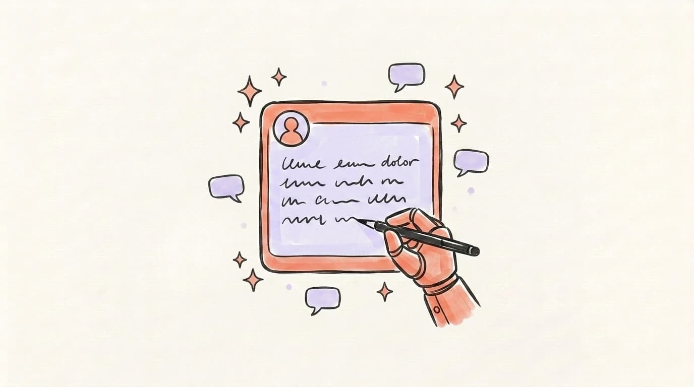 Hand-drawn illustration of a robot hand writing a LinkedIn post on a card surrounded by speech bubbles