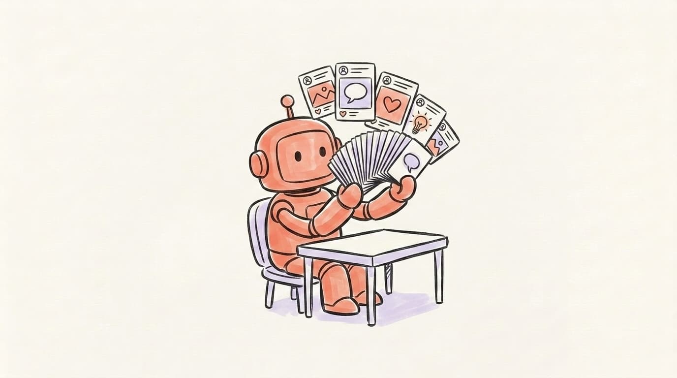 A friendly robot fanning out a deck of social media post cards with hearts, speech bubbles, and lightbulbs
