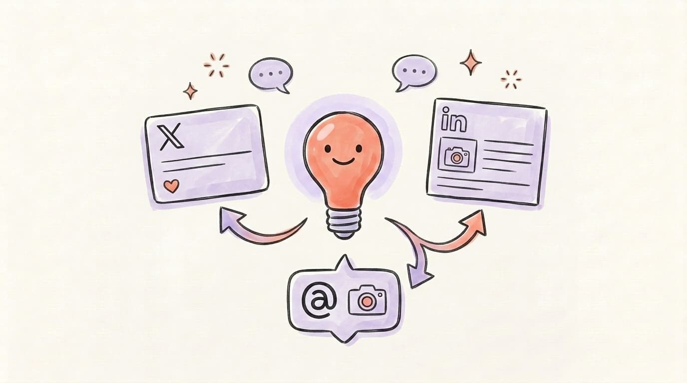 A smiling lightbulb in the center sending one idea out to an X post, a LinkedIn post, and a Threads bubble