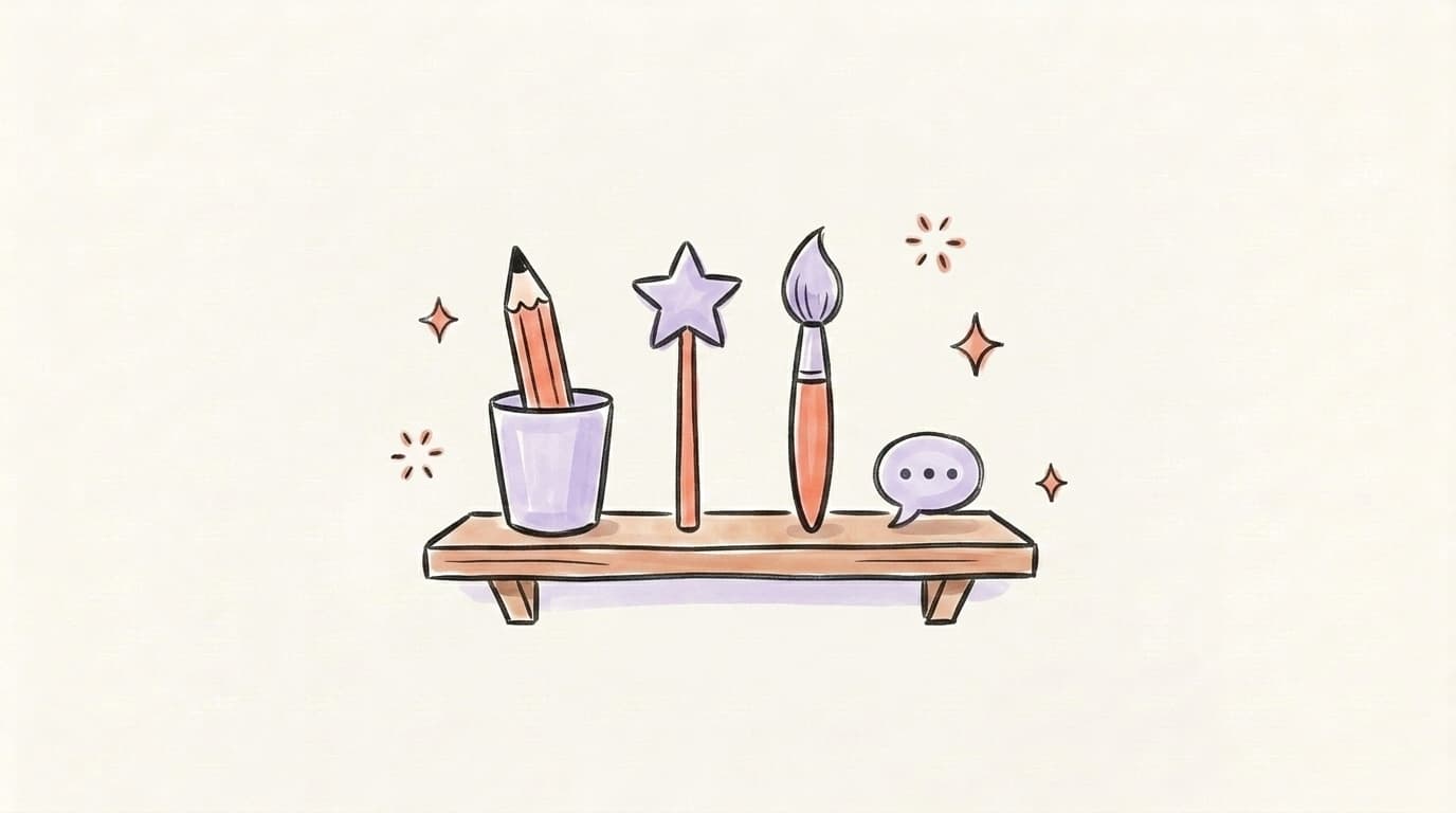 A shelf with four hand-drawn creative tool icons — a pencil, a magic wand, a paintbrush, and a chat bubble