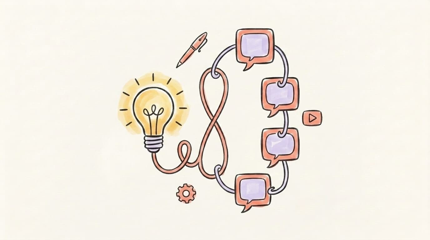 A hand-drawn illustration of a single glowing idea splitting into a chain of linked tweet cards that form an X thread, surrounded by small AI tool icons