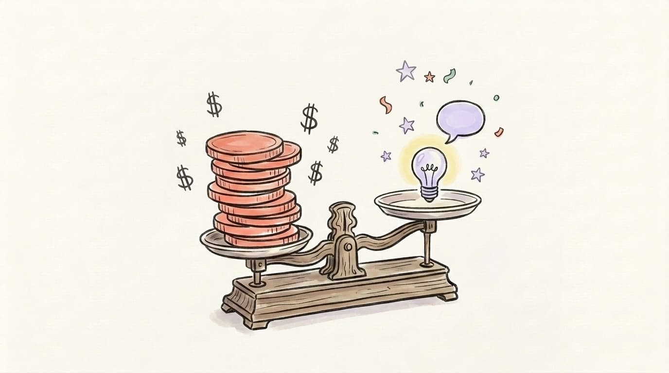 A hand-drawn balance scale with a heavy stack of salmon-coral coins on one side and a single glowing lavender lightbulb with a speech bubble on the other