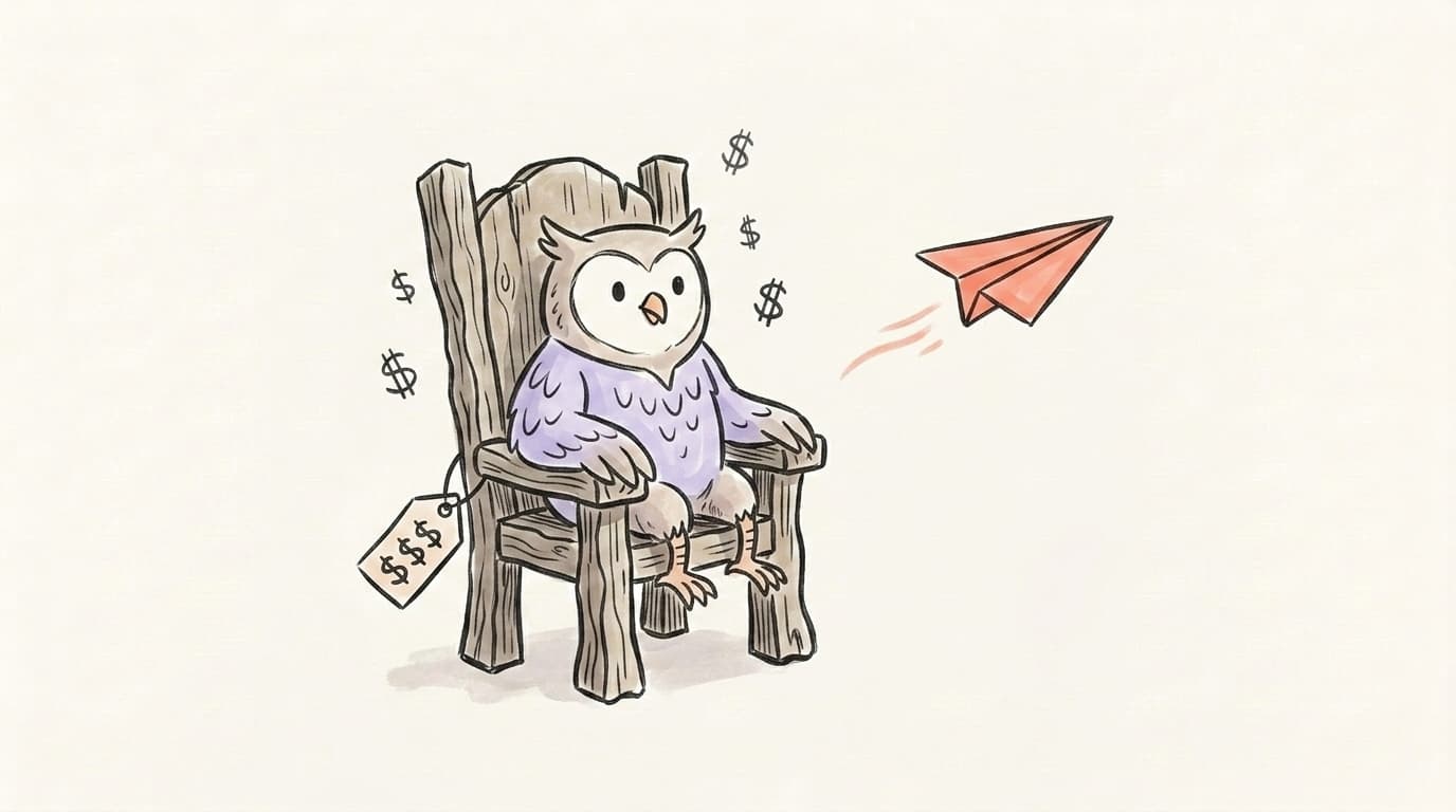 A friendly owl sitting on a heavy wooden throne with a dollar-sign price tag, while a nimble salmon-coral paper airplane flies past it toward open sky