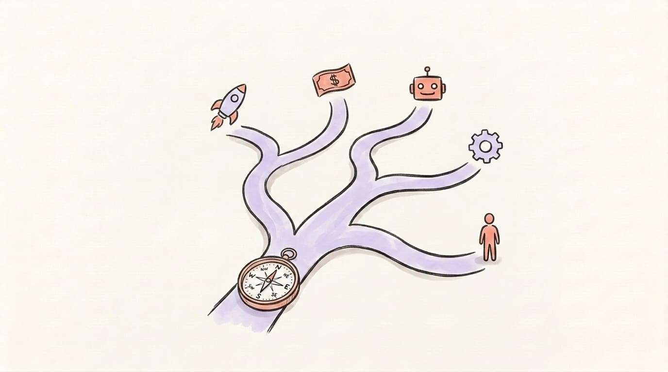 A compass sitting at a fork in a winding path that branches into five directions, each ending in a small icon — rocket, dollar bill, robot face, gear, and person