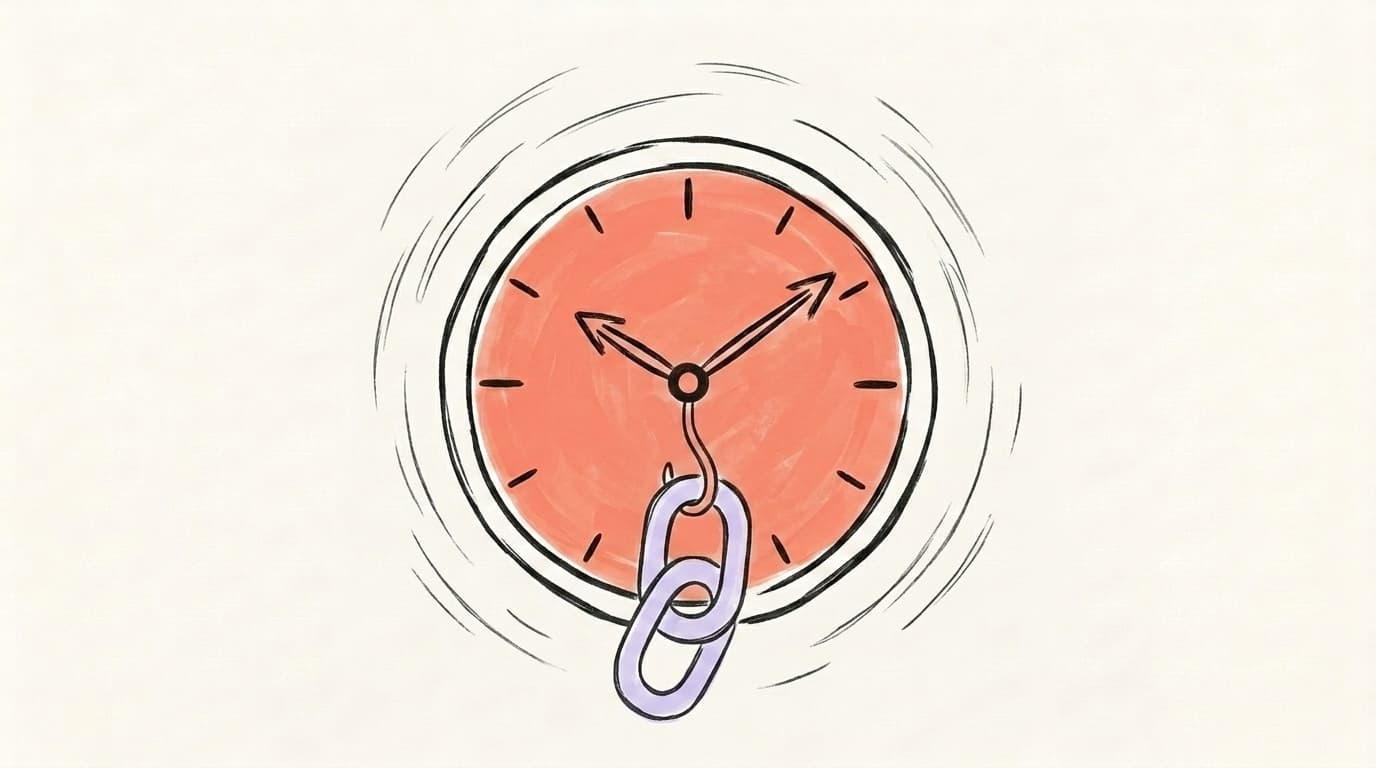 Hand-drawn salmon-coral clock with a chain-link icon, illustrating Threads posting time