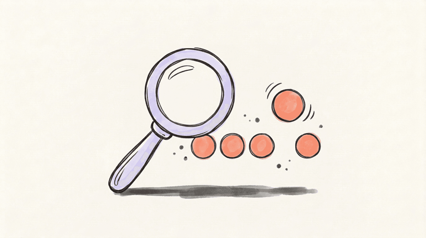A lavender magnifying glass beside a row of coral circles, one circle lifted out of the row and set apart