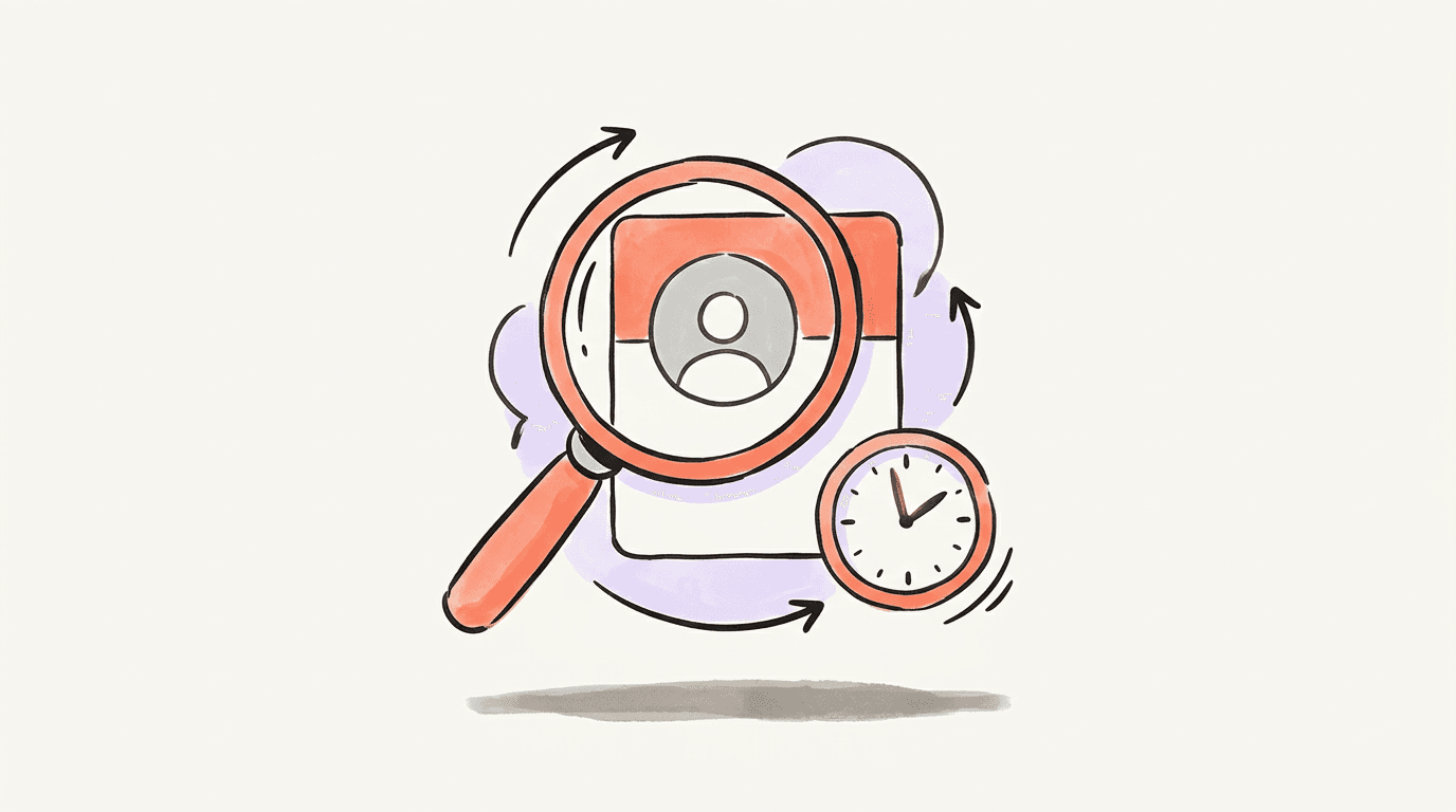 A magnifying glass over a profile card beside a clock