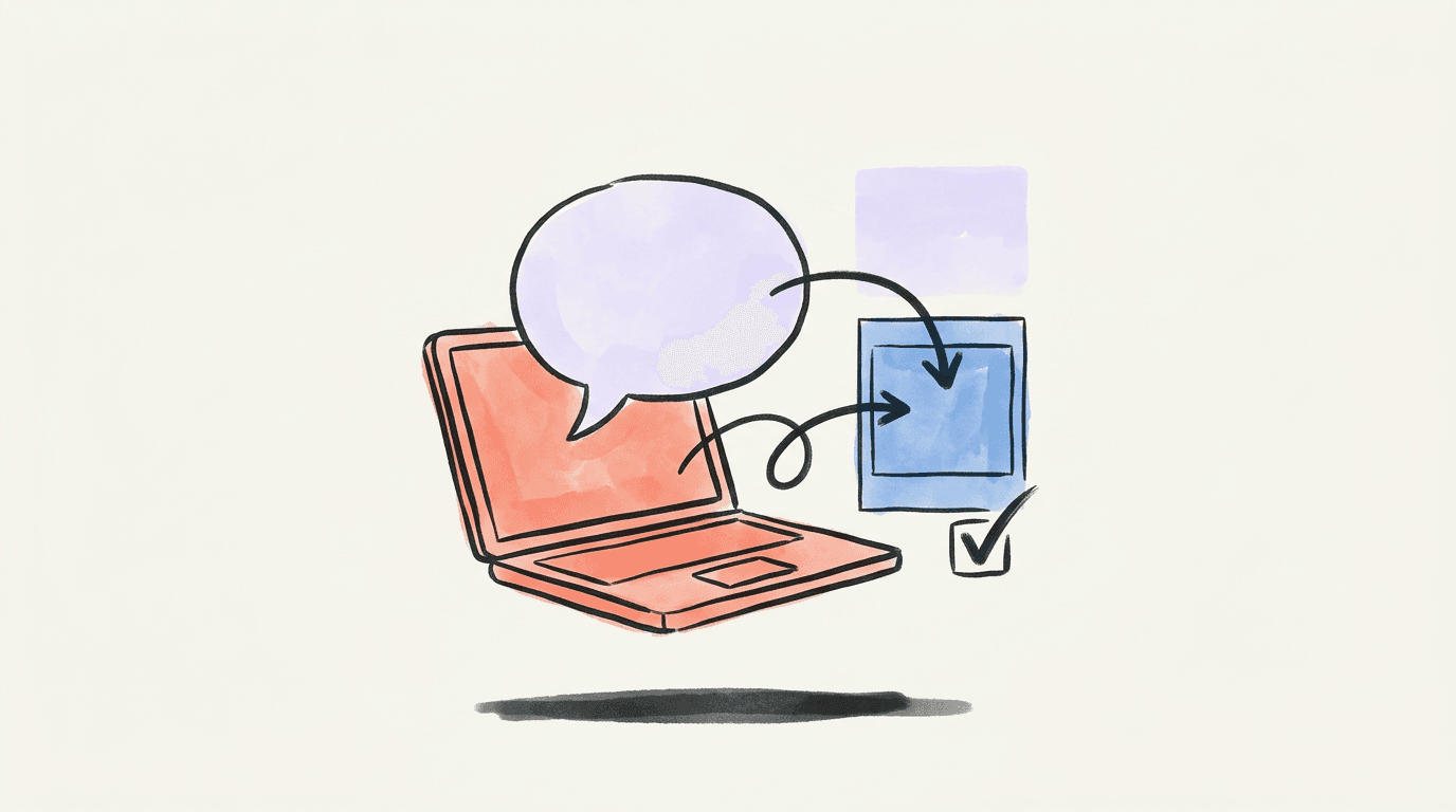 Hand-drawn blue social post card connected to a laptop conversation