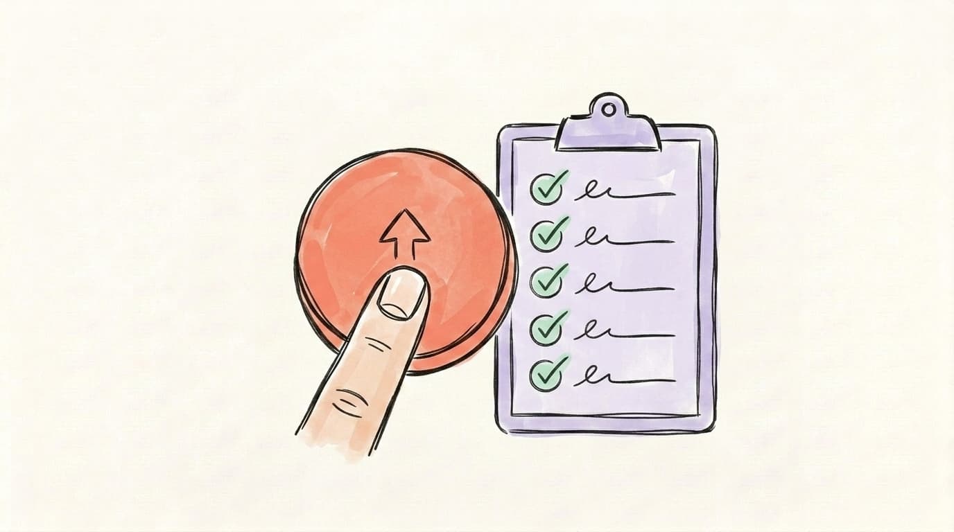 A finger pressing a salmon-coral boost button next to a clipboard with a five-step checklist