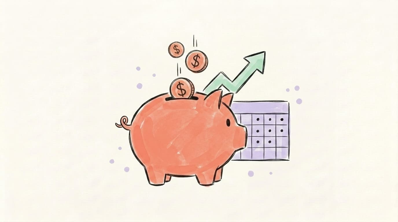 A piggy bank with dollar coins dropping in next to a small calendar grid showing seven days