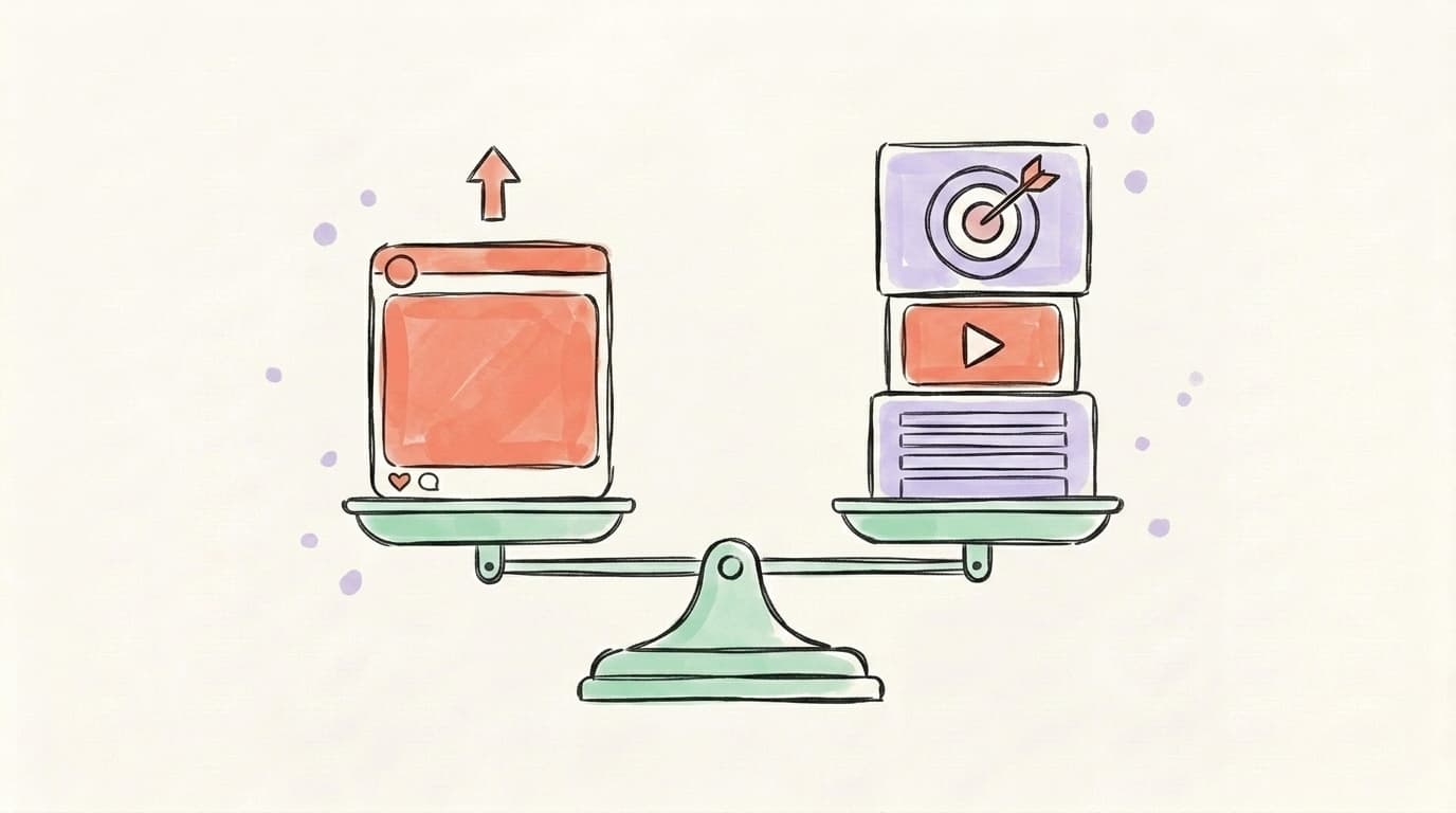 A balance scale weighing one boosted post on the left against a stack of full ad formats on the right