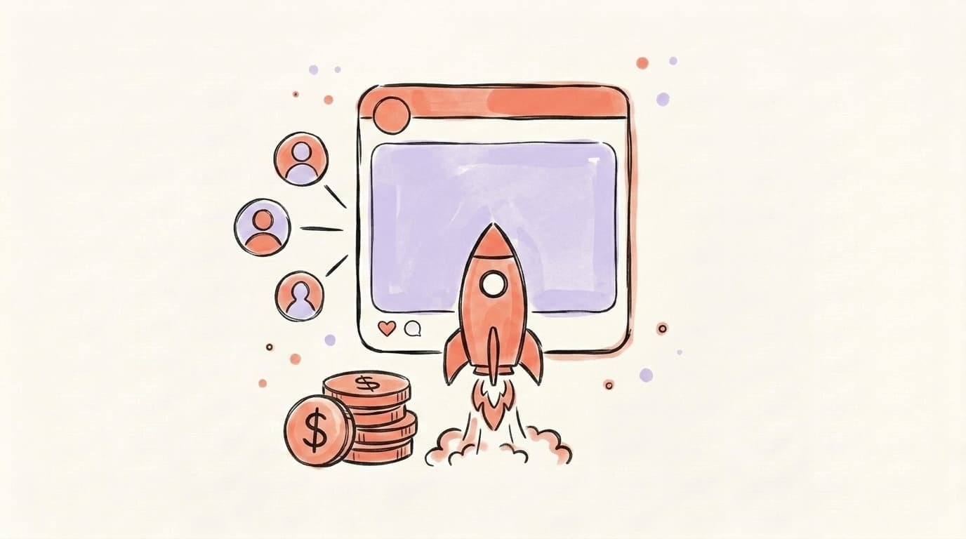 A LinkedIn post being lifted by a small rocket next to a stack of dollar coins