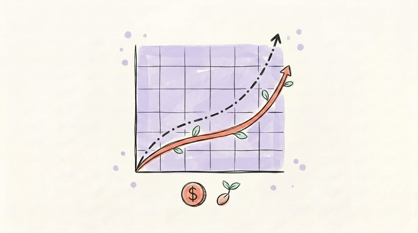 Two curves on a graph — a dashed boosted curve climbing fast, and a salmon organic curve growing steadily with leaves along it