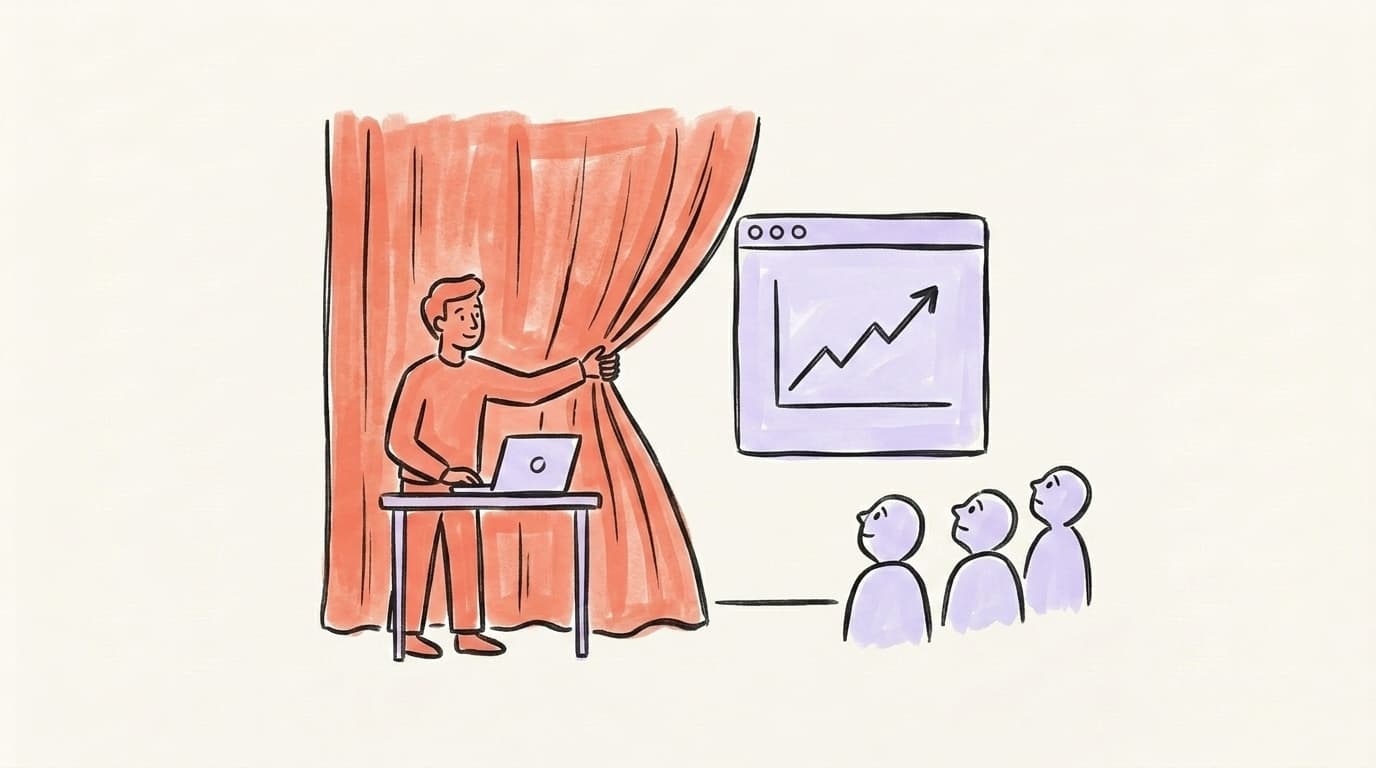 A solo founder pulling back a stage curtain to reveal their product and a rising chart to a small audience