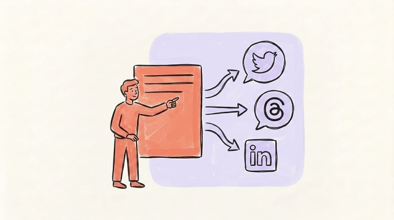 One update flowing out to X, Threads, and LinkedIn