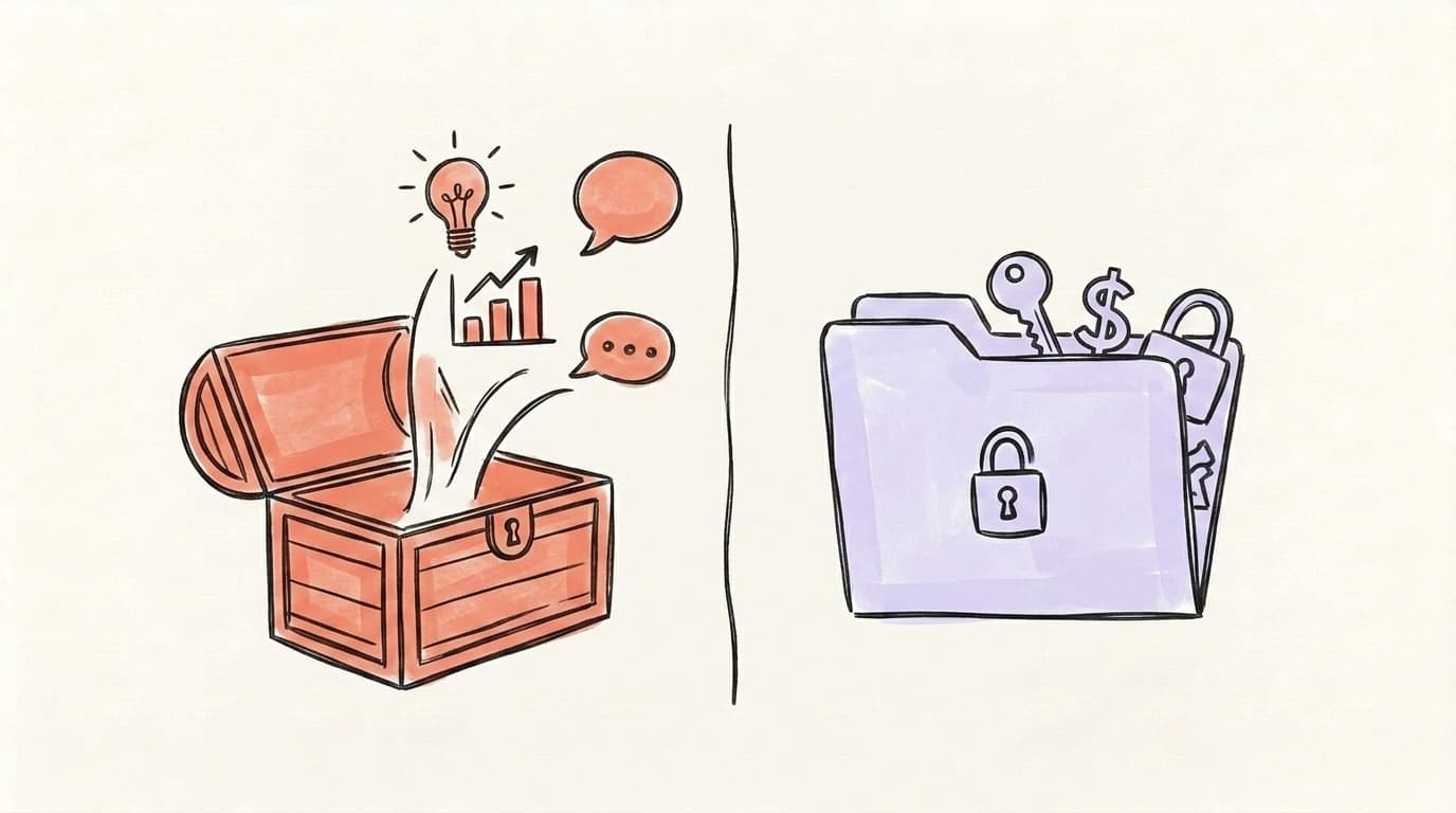 An open chest sharing ideas next to a locked folder holding private details