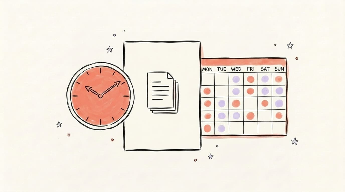 Hand-drawn illustration of a document, clock, and weekly calendar with scheduled dots representing LinkedIn post scheduling