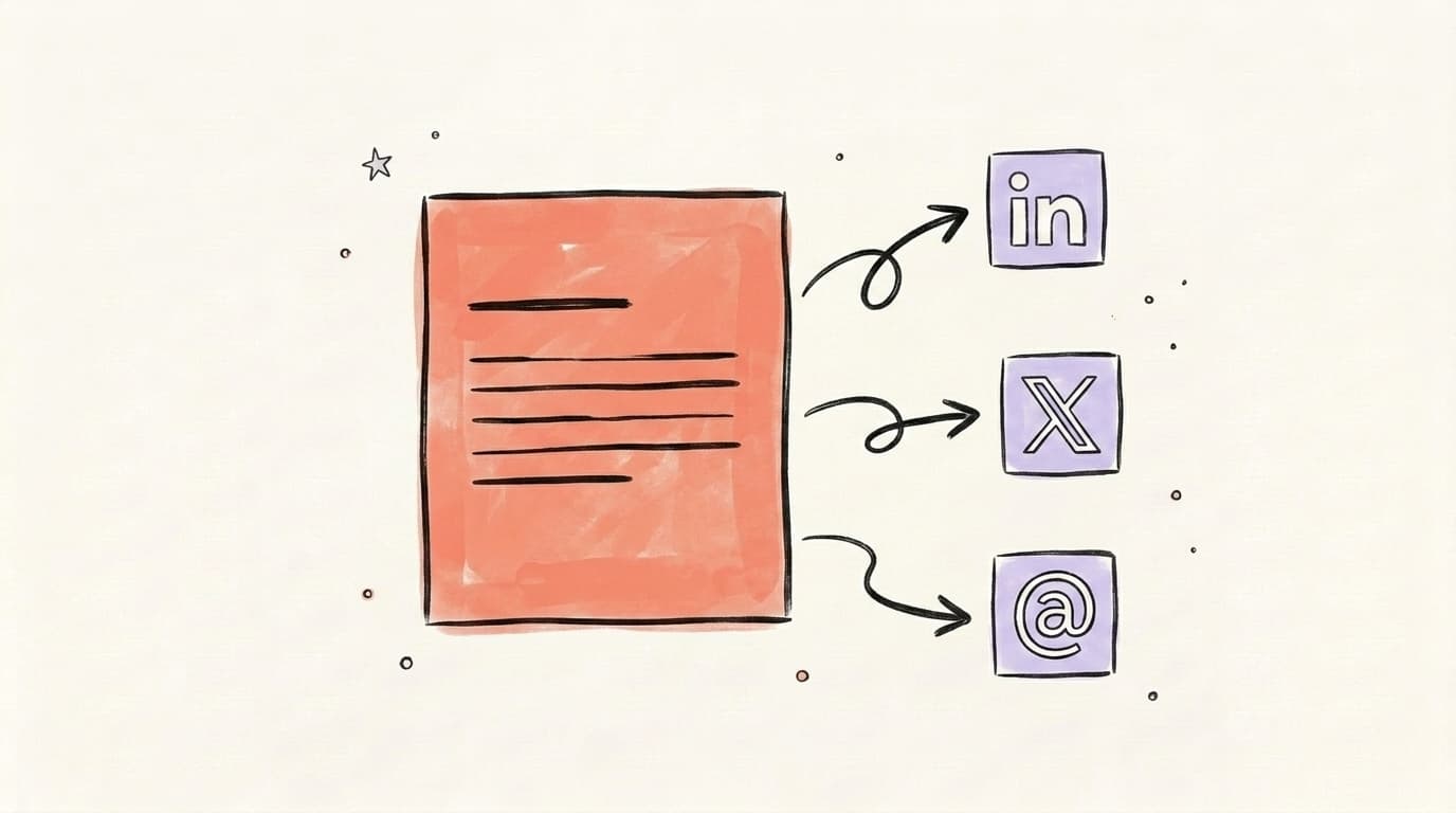 Hand-drawn illustration of a content card with arrows flowing out to LinkedIn, X, and the @ symbol representing Threads