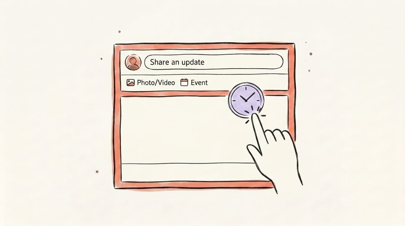 Hand-drawn illustration of a LinkedIn post composer window with a finger clicking a clock icon