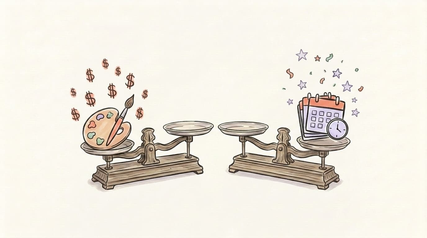 A hand-drawn comparison illustration showing Canva's design side and a dedicated scheduler's multi-platform workflow