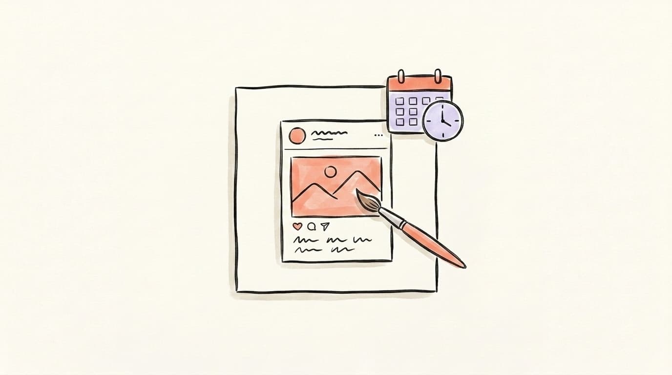 Canva social media scheduler illustration — a design canvas with a paintbrush and a small calendar clock