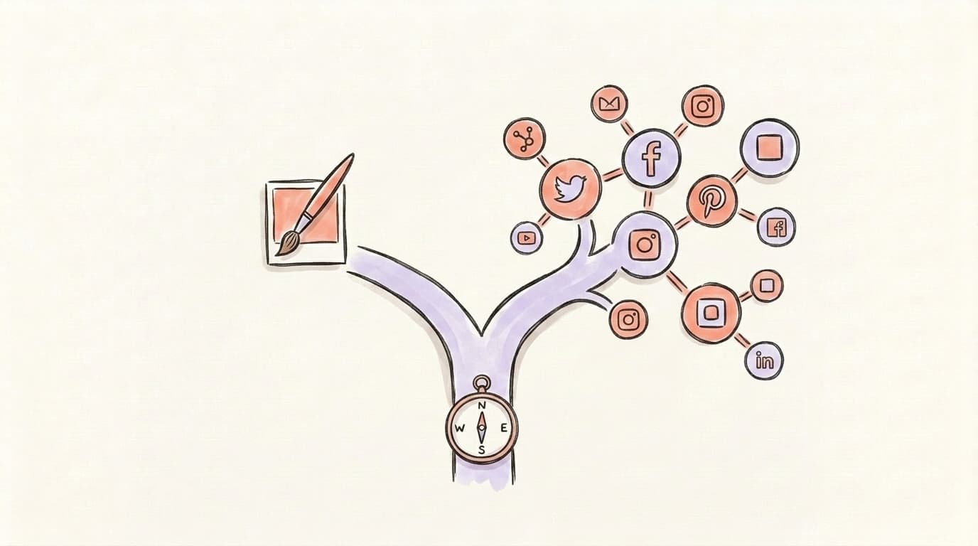 A hand-drawn fork in the road illustration — one path to a single design icon, the other branching to a network of social platforms