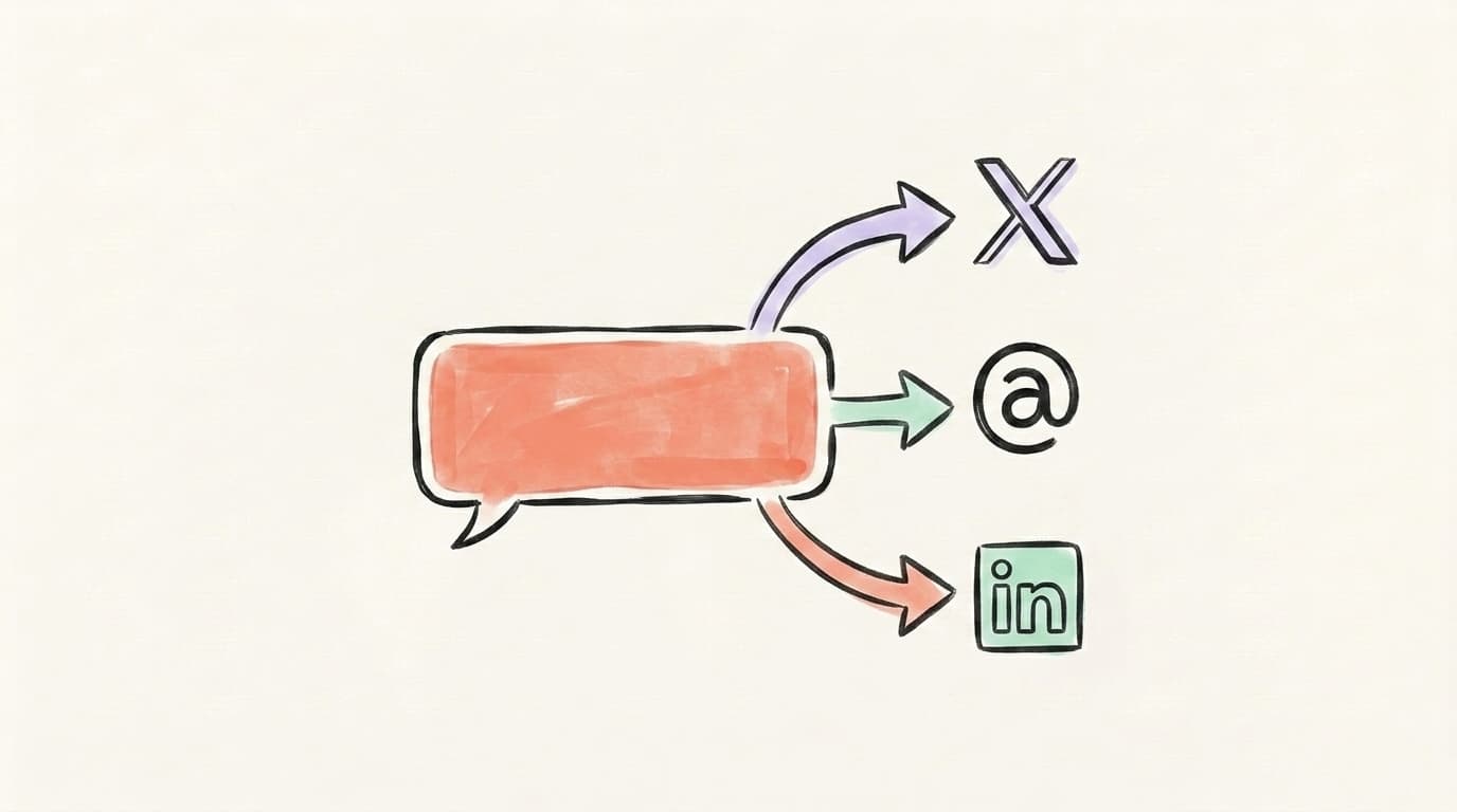 Hand-drawn illustration of a ChatGPT chat bubble feeding posts to X, Threads, and LinkedIn icons