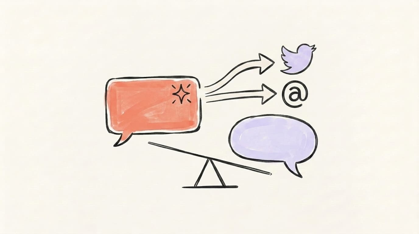 Hand-drawn illustration of a Claude chat bubble and a ChatGPT chat bubble on a balance scale tipping toward Claude, feeding posts to X and Threads icons