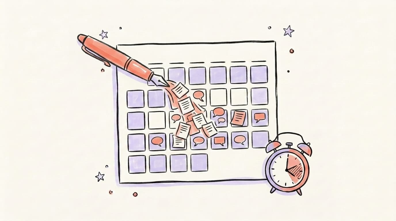 A hand-drawn calendar filling with post notes and speech bubbles beside an afternoon clock, illustrating a month of content batched in one session