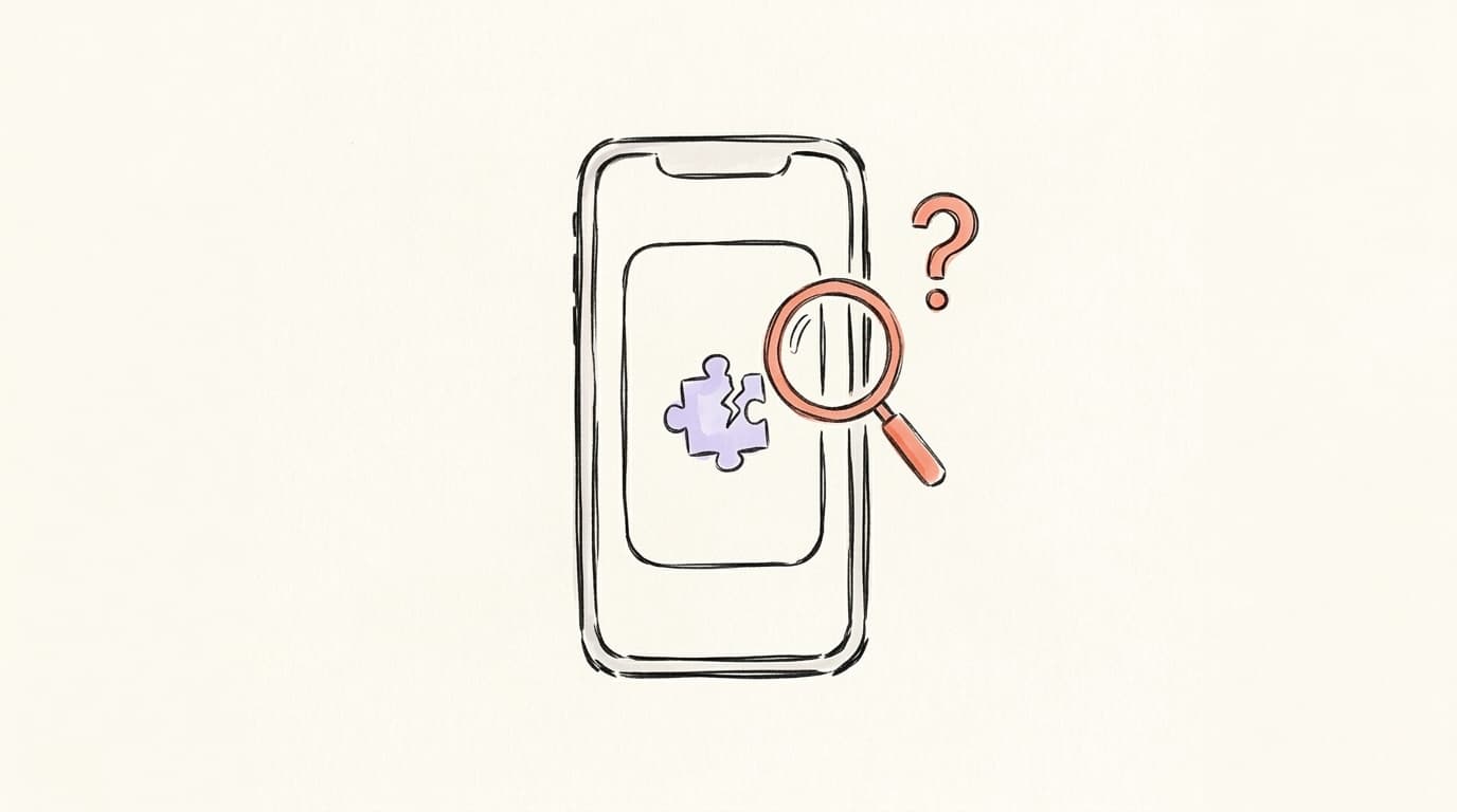 Hand-drawn illustration of a smartphone screen showing a broken puzzle piece with a magnifying glass and question mark beside it