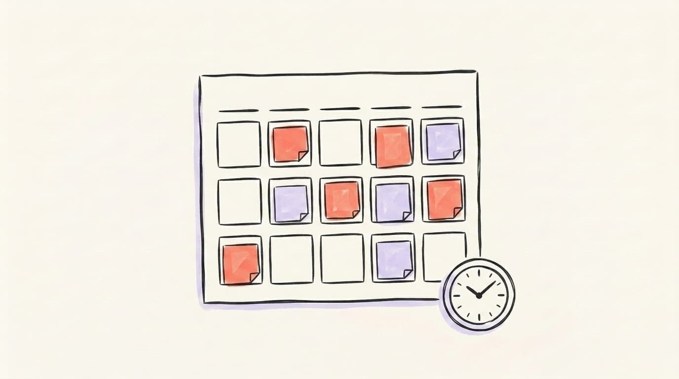 A two-week calendar with salmon and lavender post tags spread across days