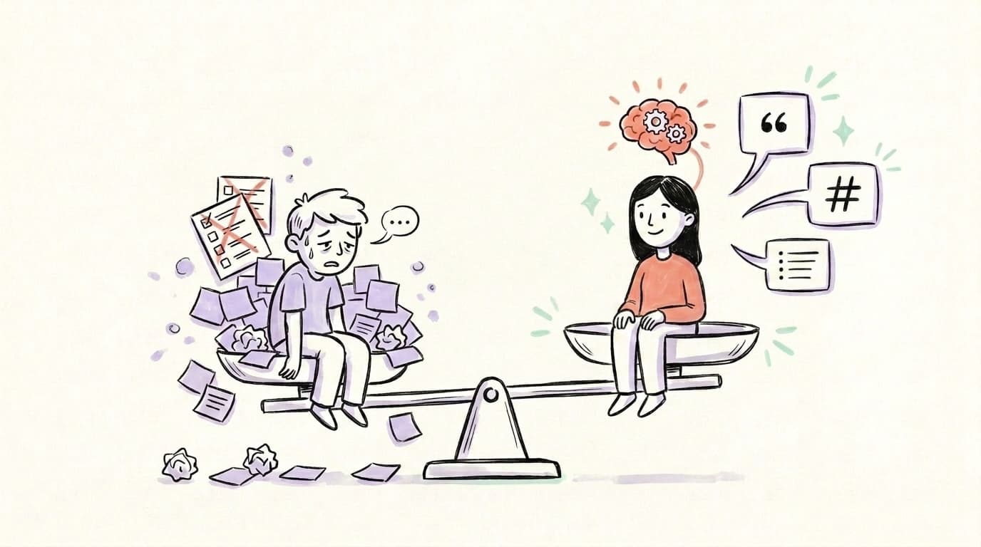 A balance scale showing manual repurposing buried under sticky notes versus a calmer AI-assisted creator
