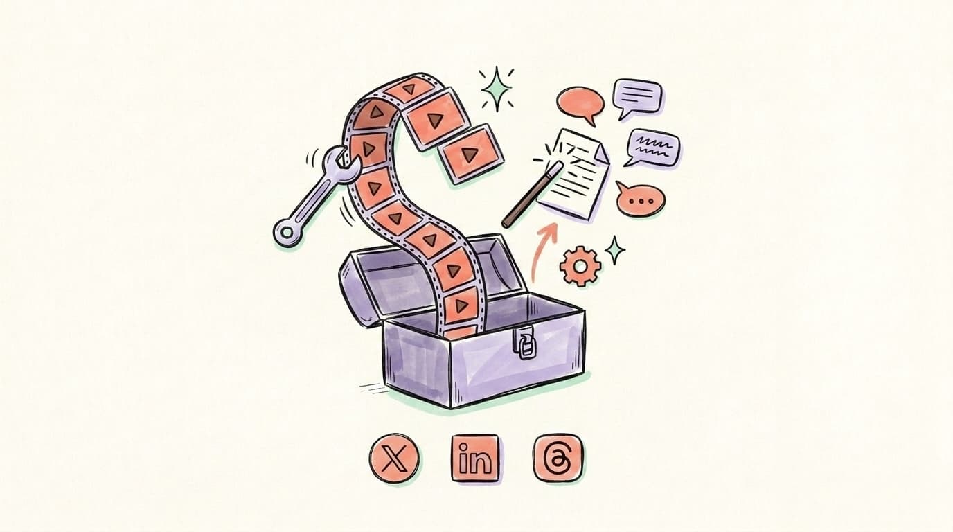 A hand-drawn toolbox with a film reel, document, and platform icons for X, LinkedIn, and Threads