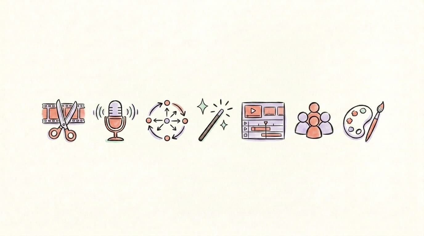 A row of seven hand-drawn icons representing different content repurposing tool categories: clipper, microphone, distribution, magic wand, editor, team, paint palette