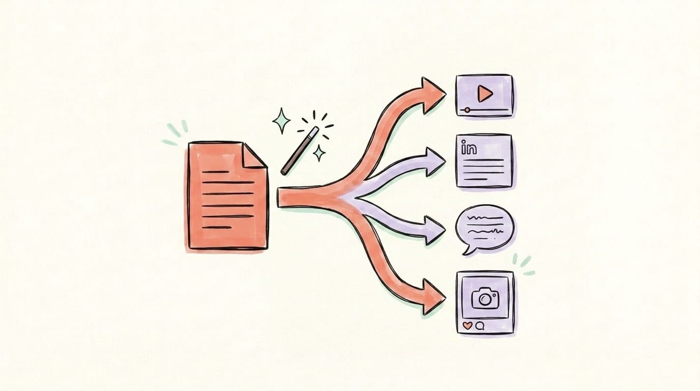 A document branching into a video clip, a LinkedIn post, a thread, and an Instagram square